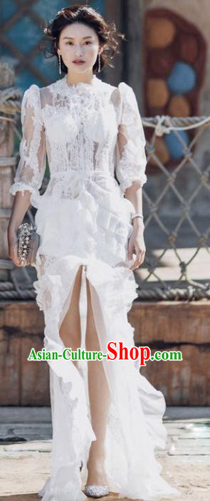 Top Grade Chorus Compere Costume Modern Dance Party Catwalks White Lace Full Dress for Women