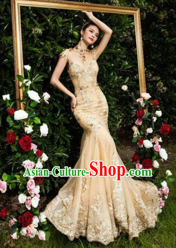 Top Grade Compere Costume Wedding Dress Modern Dance Party Catwalks Golden Full Dress for Women