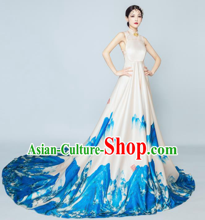 Top Grade Chorus Compere Costume Modern Dance Party Catwalks Printing Mountain Trailing Full Dress for Women