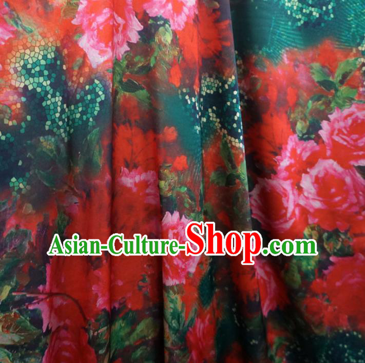 Asian Chinese Traditional Red Roses Pattern Design Watered Gauze Cheongsam Silk Fabric Chinese Fabric Material