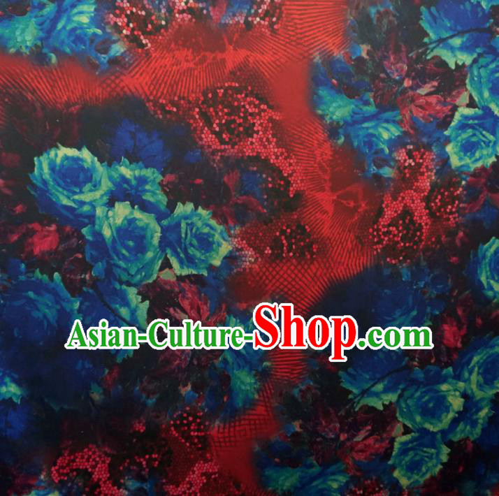 Asian Chinese Traditional Blue Roses Pattern Design Watered Gauze Cheongsam Silk Fabric Chinese Fabric Material