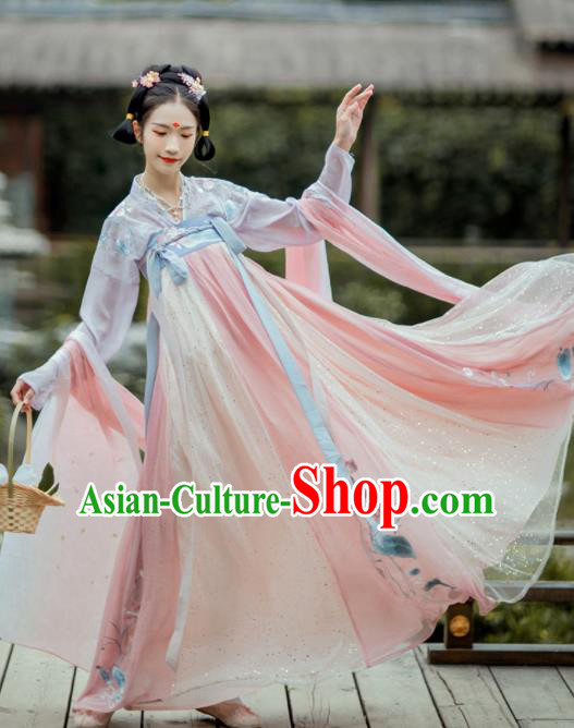 Chinese Traditional Ancient Celestial Princess Embroidered Hanfu Dress Tang Dynasty Court Lady Historical Costume for Women