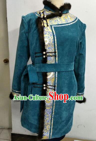 Chinese Traditional Mongolian Ethnic Green Coat Mongol Nationality Female Dress Costume for Women