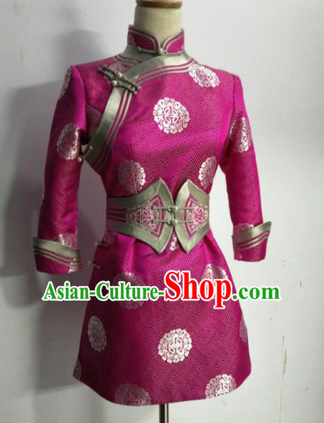 Chinese Traditional Mongolian Ethnic Rosy Robe Mongol Nationality Female Dress Costume for Women