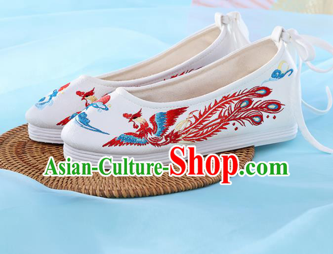 Chinese Traditional Hanfu Shoes White Embroidered Phoenix Shoes Handmade Ancient Princess Shoes for Women