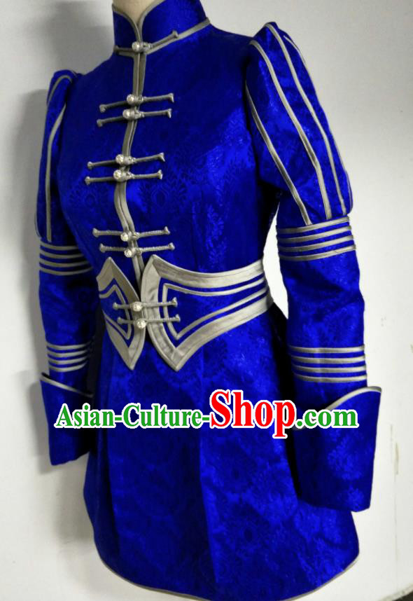 Chinese Traditional Mongolian Ethnic Deep Blue Robe Mongol Nationality Female Dress Costume for Women