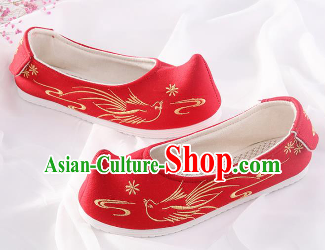 Chinese Traditional Hanfu Shoes Embroidered Bird Red Shoes Handmade Ancient Princess Shoes for Women