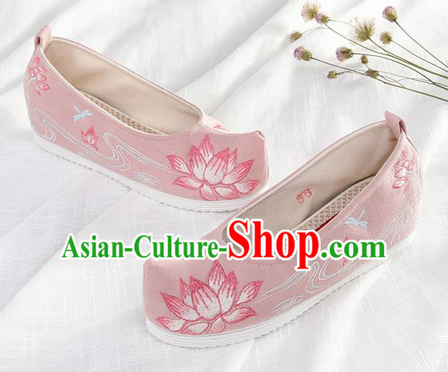 Chinese Traditional Hanfu Pink Cloth Shoes Embroidered Lotus Shoes Handmade Ancient Princess Shoes for Women