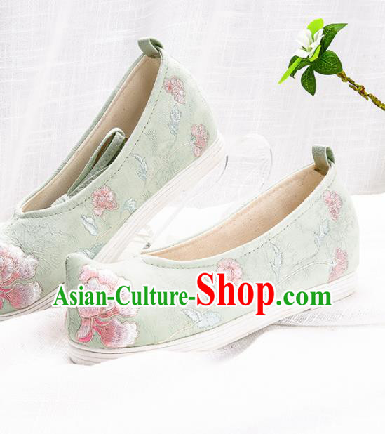 Chinese Traditional Embroidered Peony Green Shoes Hanfu Cloth Shoes Handmade Ancient Princess Shoes for Women