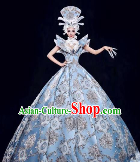 Handmade Modern Fancywork Stage Show Court Blue Dress Halloween Cosplay Queen Fancy Ball Costume for Women