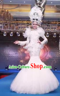 Handmade Europe Court Stage Show White Veil Full Dress Halloween Cosplay Queen Fancy Ball Modern Fancywork Costume for Women