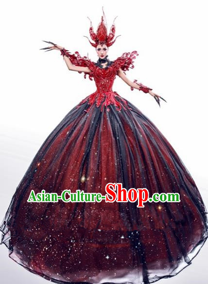 Handmade Modern Fancywork Stage Show Court Red Dress Halloween Cosplay Queen Fancy Ball Costume for Women