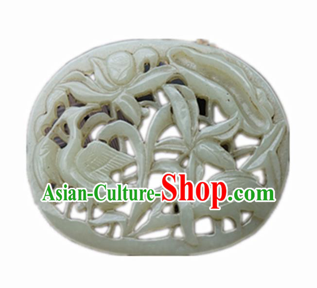 Handmade Chinese Carving Crane Lotus Jade Pendant Traditional Jade Craft Jewelry Accessories