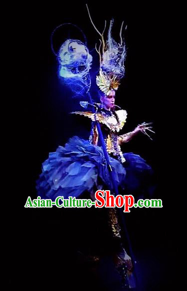 Handmade Europe Court Stage Show Blue Clothing Halloween Cosplay Fancy Ball Modern Fancywork Costume for Women