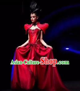Handmade Europe Court Stage Show Red Trailing Dress Halloween Cosplay Fancy Ball Modern Fancywork Costume for Women