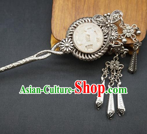 Chinese Handmade Sliver Hairpins Carving Jade Hair Accessories for Women for Men