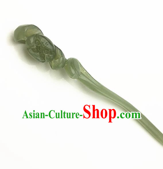 Chinese Handmade Green Jade Carving Lotus Hair Clip Ancient Jade Hairpins Hair Accessories for Women for Men