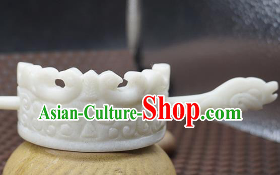 Handmade Chinese Jade Carving Hairdo Crown Ancient Swordsman White Jade Hairpins Hair Accessories for Women for Men