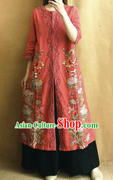 Traditional Chinese Embroidered Chrysanthemum Outer Garment Tang Suit Red Coat National Costume for Women