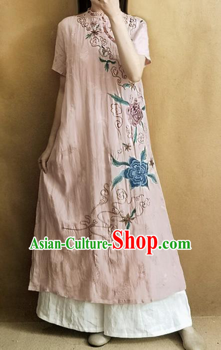Traditional Chinese National Costume Tang Suit Embroidered Pink Cheongsam Qipao Dress for Women