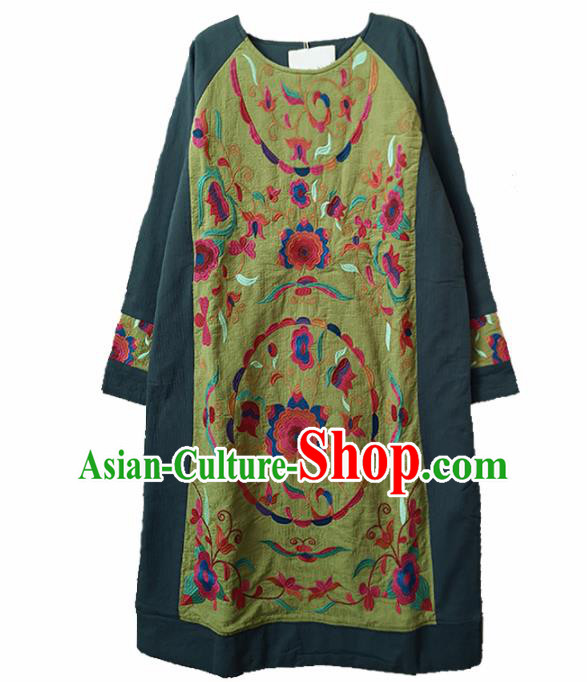 Traditional Chinese Tang Suit Embroidered Olive Green Cheongsam Linen Qipao Dress National Costume for Women