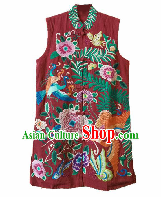 Traditional Chinese Embroidered Phoenix Peony Red Vest Upper Outer Garment Tang Suit Waistcoat National Costume for Women