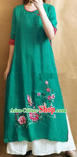 Traditional Chinese Embroidered Peony Green Cheongsam Tang Suit Qipao Dress National Costume for Women