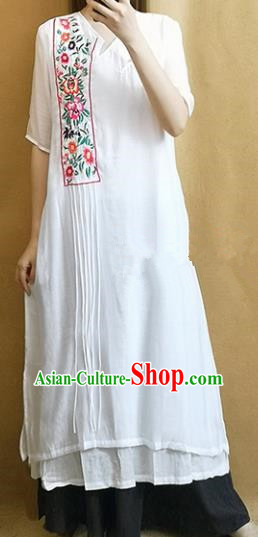 Traditional Chinese Embroidered White Linen Cheongsam Tang Suit Qipao Dress National Costume for Women