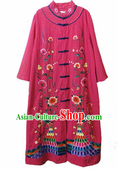 Traditional Chinese Embroidered Peacock Peony Rosy Coat Tang Suit Outer Garment National Costume for Women