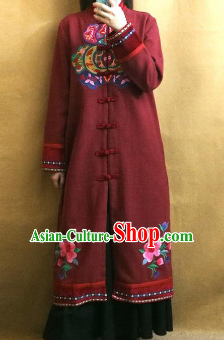 Traditional Chinese Embroidered Dark Red Coat Tang Suit Outer Garment National Costume for Women