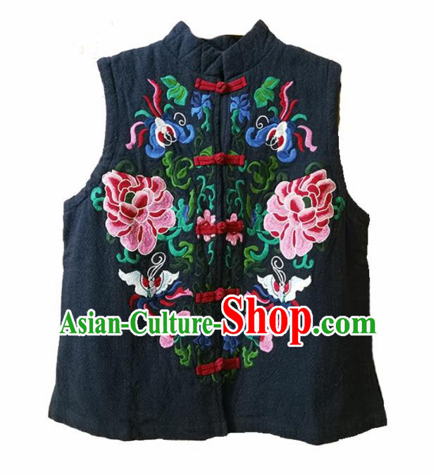 Traditional Chinese Embroidered Peony Navy Vest Tang Suit Upper Outer Garment National Costume for Women