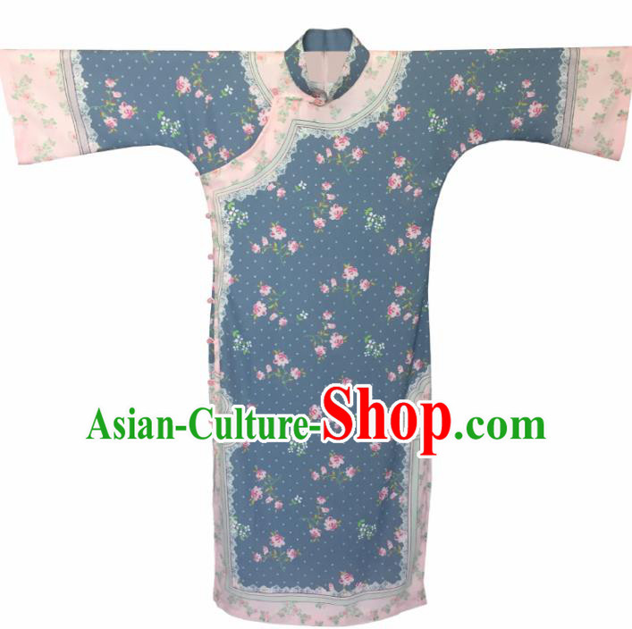 Traditional Chinese Printing Blue Cheongsam Tang Suit Qipao Dress National Costume for Women