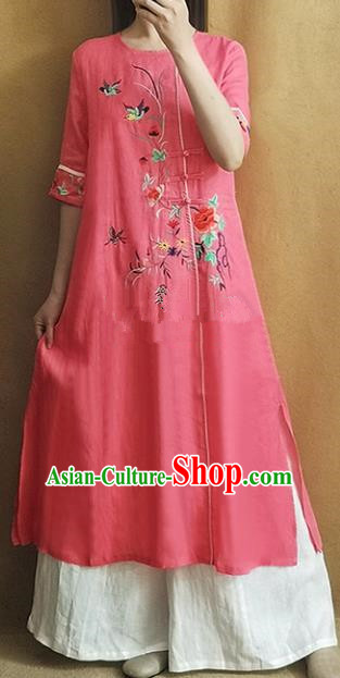 Traditional Chinese Embroidered Peony Pink Cheongsam Qipao Dress Tang Suit National Costume for Women