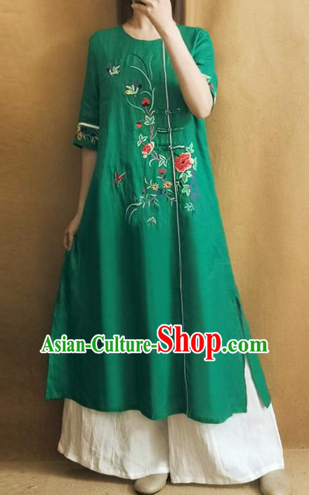 Traditional Chinese Embroidered Peony Green Cheongsam Qipao Dress Tang Suit National Costume for Women