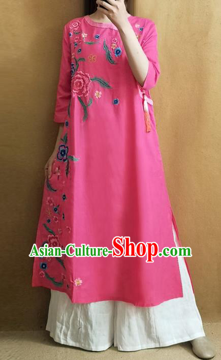 Traditional Chinese Embroidered Peony Rosy Dress Tang Suit Cheongsam National Costume for Women