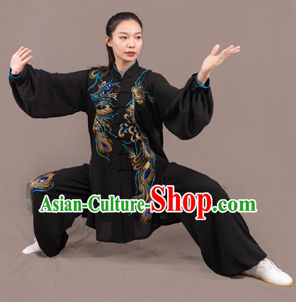 Black Top Chinese Traditional Competition Championship Professional Tai Chi Uniforms Taiji Kung Fu Wing Chun Kungfu Tai Ji Sword Gong Fu Master Clothing Suits Clothes Complete Set for Women