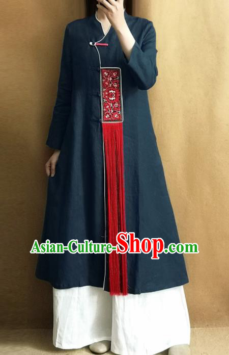 Traditional Chinese Embroidered Outer Garment Tang Suit Navy Coat National Costume for Women