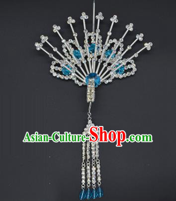Chinese Handmade Beijing Opera Blue Crystal Phoenix Hairpins Traditional Ancient Princess Hair Accessories for Women