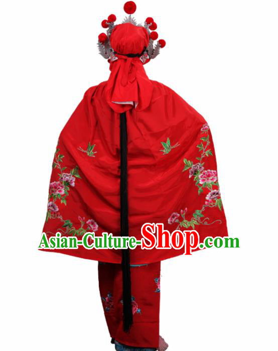 Handmade Chinese Beijing Opera Embroidered Peony Red Cloak Traditional Peking Opera Diva Costume for Women
