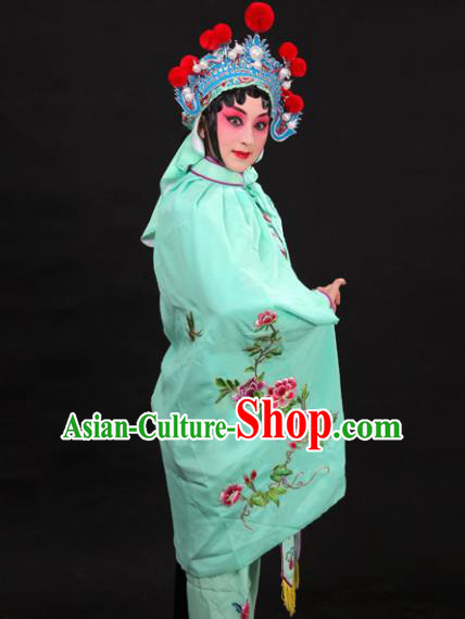 Handmade Chinese Beijing Opera Embroidered Peony Green Cloak Traditional Peking Opera Diva Costume for Women