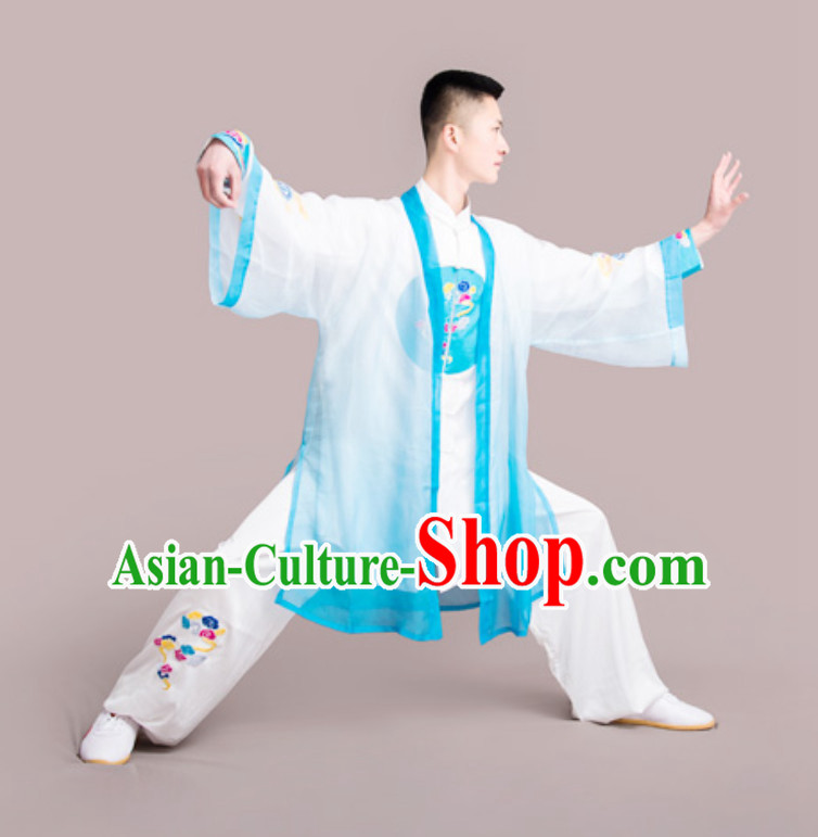 Top Chinese Mandarin Peony Competition Championship Professional Tai Chi Stage Performance Uniforms Clothing and Mantle Complete Set for Men