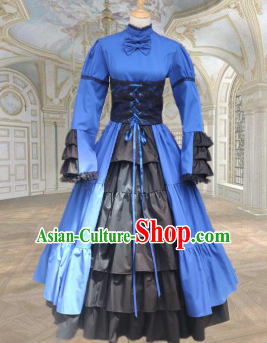 Europe Medieval Traditional Court Costume European Maidservant Blue Full Dress for Women