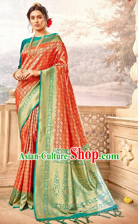 Indian Traditional Costume Asian India Red Brocade Sari Dress Bollywood Court Queen Clothing for Women
