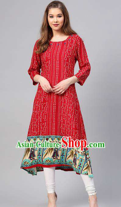 Asian India Traditional Informal Costumes South Asia Indian National Red Blouse and Pants for Women