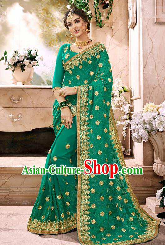 Indian Traditional Court Costume Asian India Deep Green Sari Dress Bollywood Queen Clothing for Women