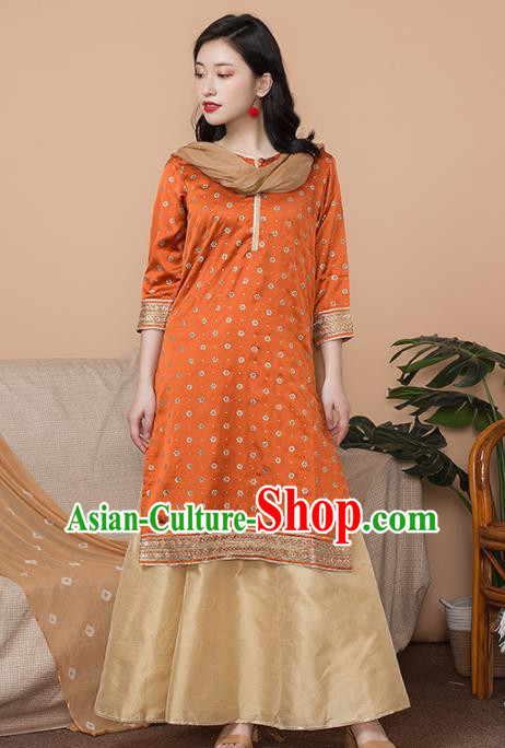 Asian India Traditional Informal Punjabi Costumes South Asia Indian National Orange Blouse and Dress for Women
