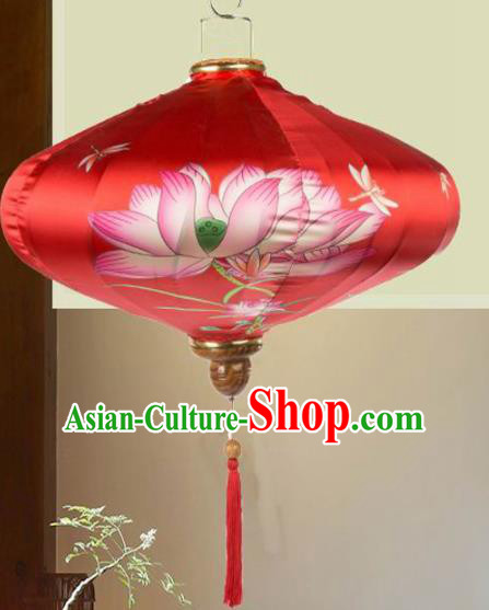Chinese Traditional Lantern Handmade Printing Lotus Red Lanterns Ceiling Lamp New Year Lantern