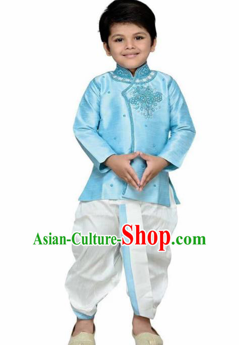 Asian India Traditional Costumes South Asia Indian National Blue Shirt and White Pants for Kids