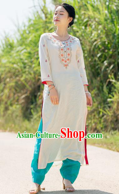 South Asian India Traditional Punjabi Costumes Asia Indian National Beige Blouse and Pants for Women