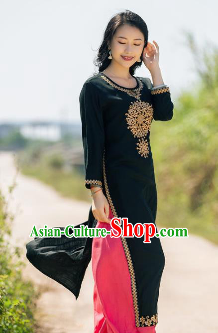 South Asian India Traditional Punjabi Costumes Asia Indian National Black Blouse and Pants for Women